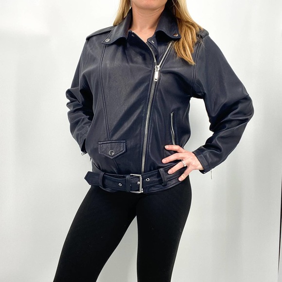 NWT LTH JKT Zoe Batwing Biker Leather Moto Navy Blue Jacket Size Small - Picture 16 of 16